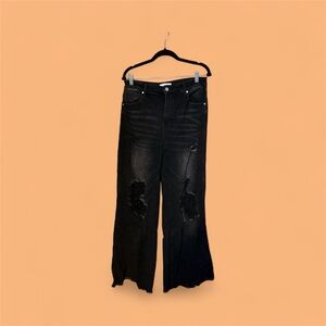 Chic Black Distressed Wide Leg Jeans